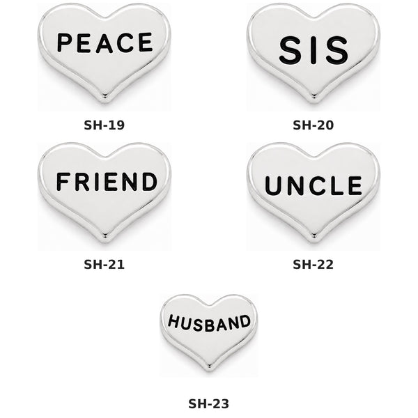Five silver heart-shaped Floating charms with black lettering on a white background, labeled SH-19 PEACE, SH-20 SIS, SH-21 FRIEND, SH-22 UNCLE, and SH-23 HUSBAND.