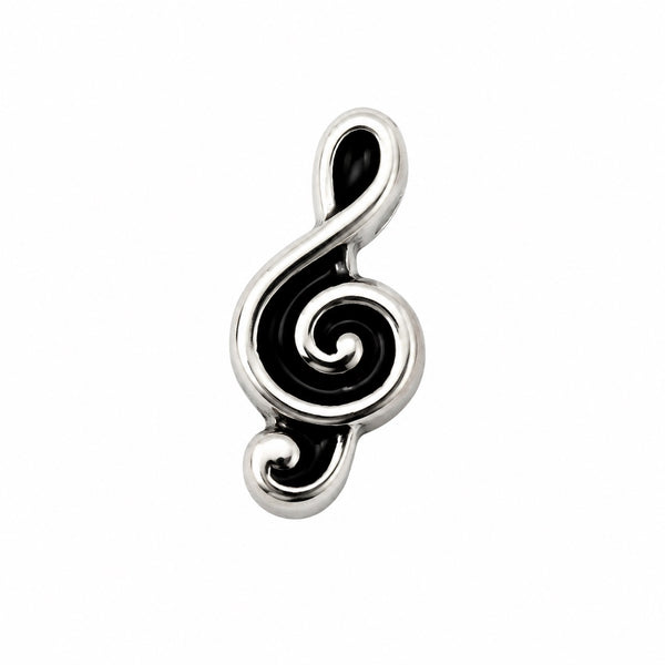 A silver treble clef Floating charm with black enamel inlay, shown on a plain white background.