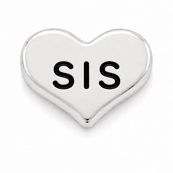 A polished silver heart-shaped Floating charm with the letters 'SIS' in black on the front, set against a clean white background.