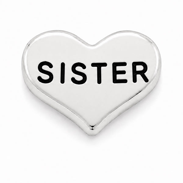 A polished silver heart-shaped Floating charm with the word 'SISTER' engraved in bold black capital letters, shown on a clean white background.
