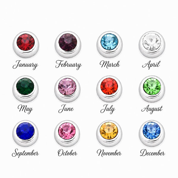Twelve round silver trimmed birthstone floating locket charms with faceted gemstones in various colors, arranged in a 3-by-4 grid showing each month on a plain white background.
