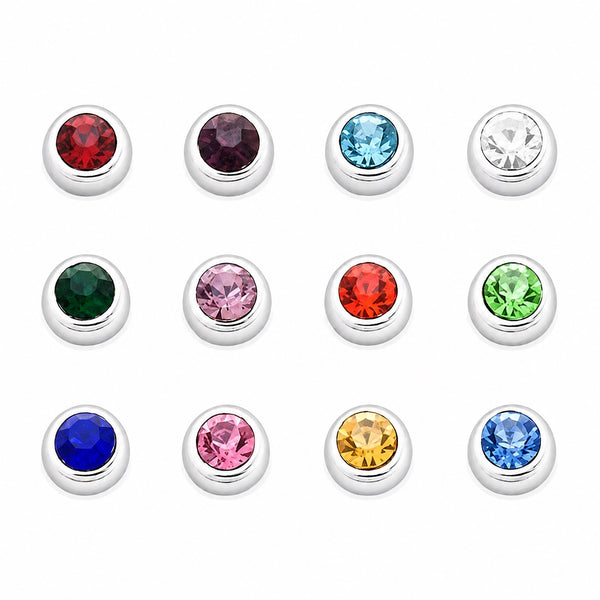 Twelve round silver trimmed floating charms for lockets with faceted gemstones in various colors, arranged in a 3-by-4 grid on a plain white background.