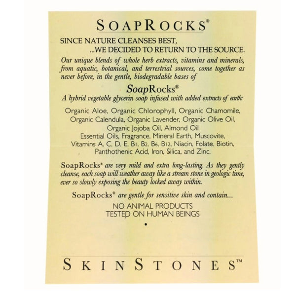 Soap Rocks product description card with ingredient list on a white background