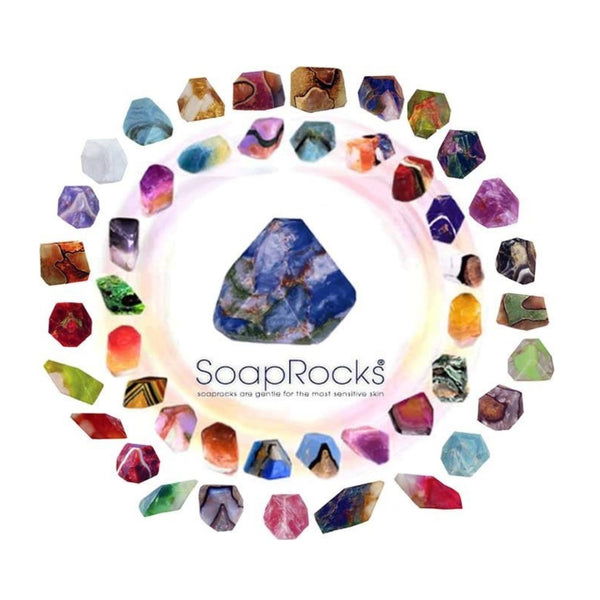 Colorful soap rocks arranged in a circular pattern with SoapRocks branding.