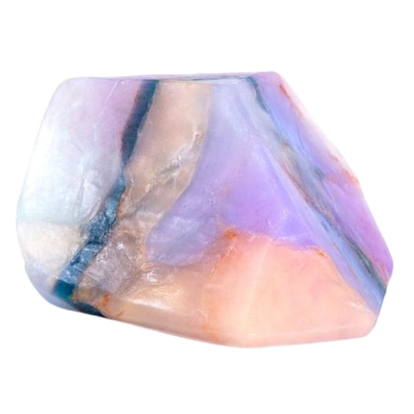 Soapal Gemstone Soap Rock with purple, blue, and orange hues on a white background