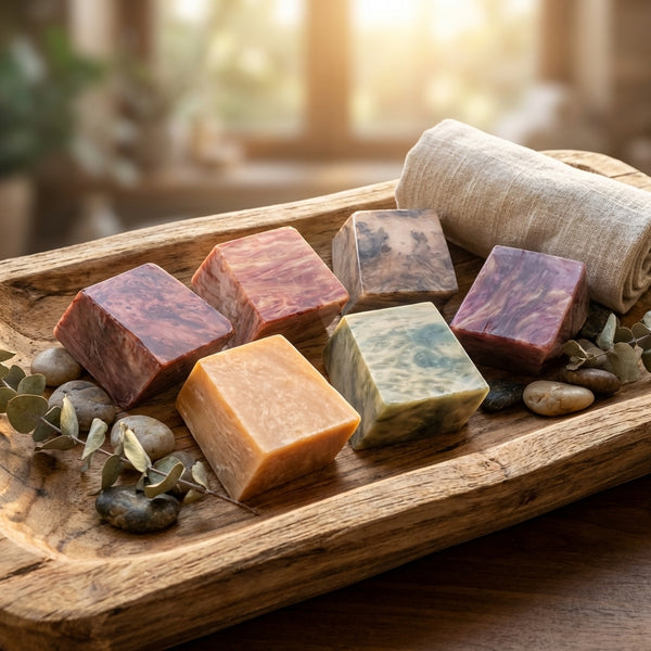 T.S. PINK Soap Woods exotic wood-inspired bar soap on wooden tray with pebbles and linen 4oz