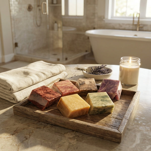 T.S. PINK Soap Woods exotic wood-inspired soap bars on wooden tray on luxury bathroom counter 4oz