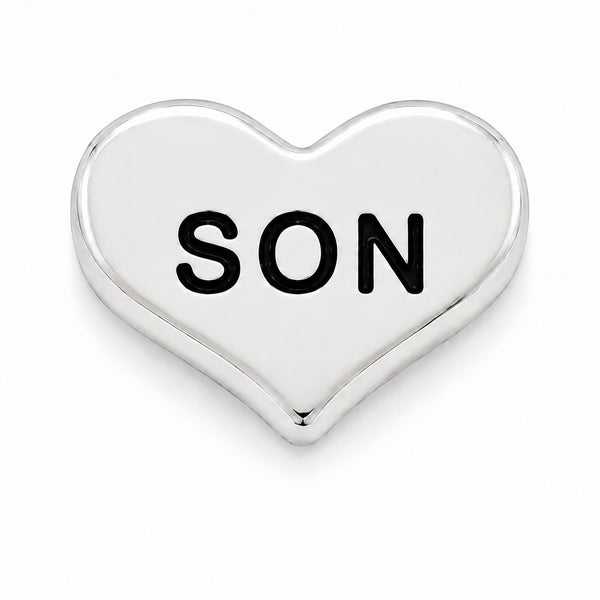 A polished silver heart-shaped Floating charm with the word 'SON' engraved in bold black capital letters, shown on a clean white background.
