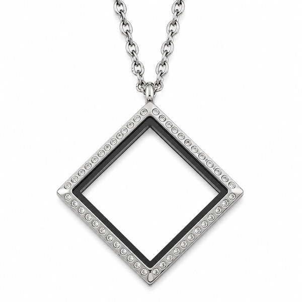 A silver-toned square-shaped floating charm locket necklace clear rhinestone-studded borders, suspended from a matching silver chain on a white background.