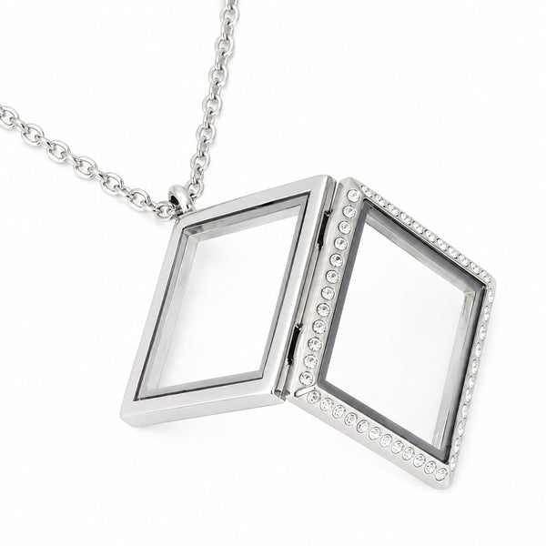 Square floating charm locket in open position