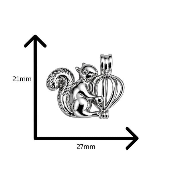 Love Pearl cage in the shape of a squirrel, measures 21mmx27mm, on white background