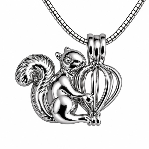 Love Pearl Cage Necklace In The Shape Of  A Squirrel, On Stainless Steel Chain.
