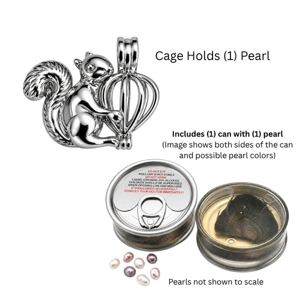 Love Pearl Cage Necklace showing cans with oyster with pearl inside. Loose pearls are scattered, showing a variation of colors.
