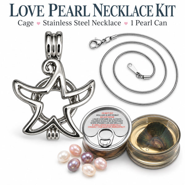 Love Pearl Necklace Kit featuring starfish cage necklace, stainless steel chain and pearl opening experience.