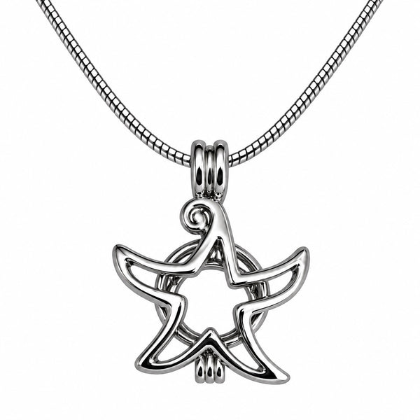 Starfish love pearl cage necklace with stainless steel chain on white background