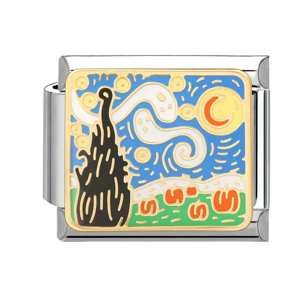 A 9mm Italian charm link featuring an enamel art print of a cypress tree and moon over a stylized landscape, reminiscent of Van Gogh's Starry Night.