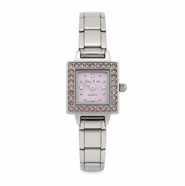 A women's stainless steel 9mm Italian charm watch with a square face encrusted with lavender rhinestones, featuring a light lavender dial and matching rhinestone-accented bezel.
