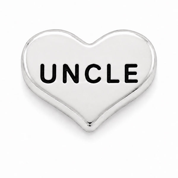 A polished silver heart-shaped Floating charm with the word 'UNCLE' engraved in bold black capital letters, shown on a clean white background.