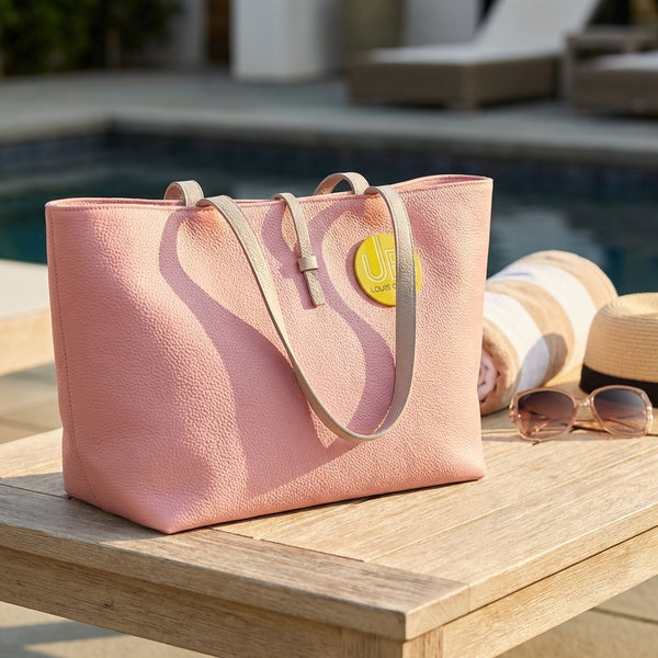 Pink Pebble Grain Large Tote With Taupe Straps -Vegan Friendly Leather