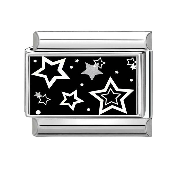 A 9mm Italian charm with a polished silver-tone metal frame and a black enamel face decorated with white and silver star designs, shown on a plain white background.