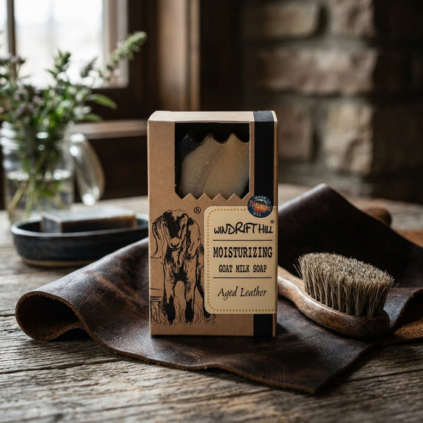 Box of Windrift Hill goat milk soap on a wooden surface with leather and stone wall background