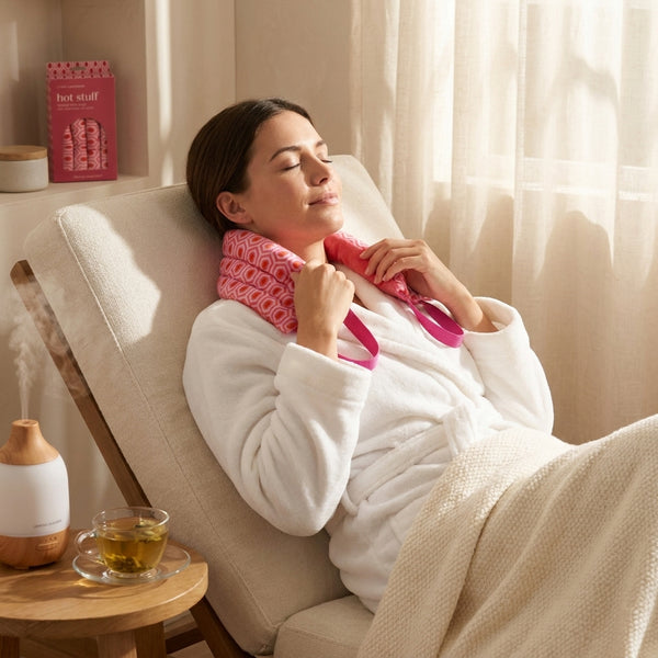 Woman relaxing on a couch with a pink heated neck wrap by Lemon Lavender
