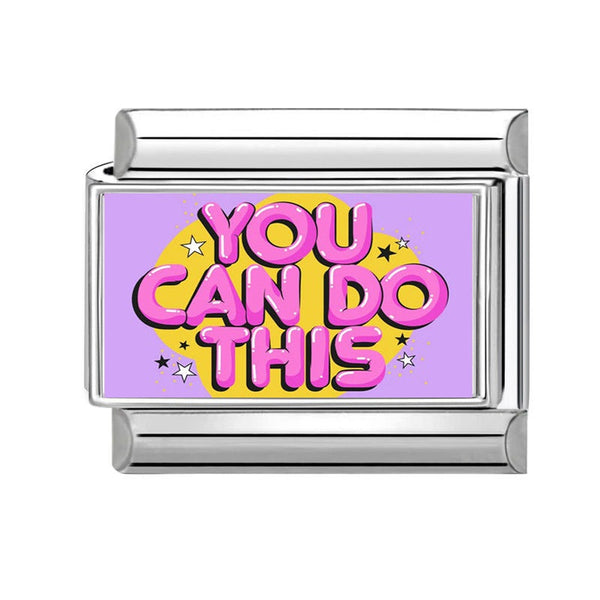 9mm Italian charm with motivational message 'You Can Do This' on a purple background with stars, framed by a metallic border.