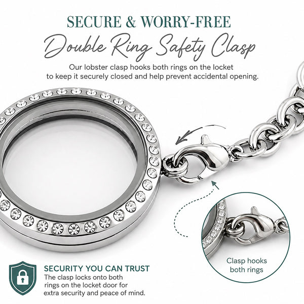 Floating charm locket bracelet showing security clasp feature, ensuring the locket doesn't accidently open.
