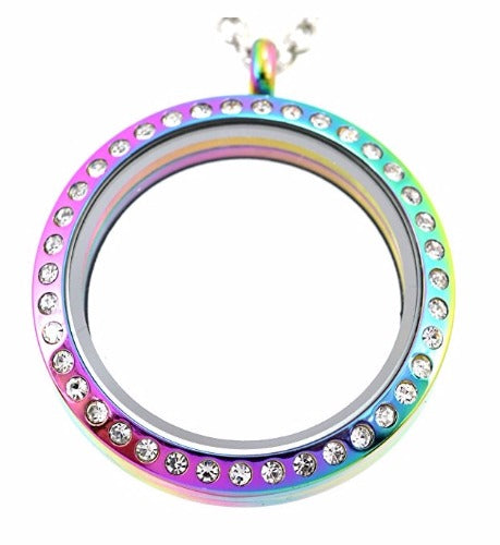 30mm Stainless Steel Round Floating Charm Locket Necklace With Rainbow Finish