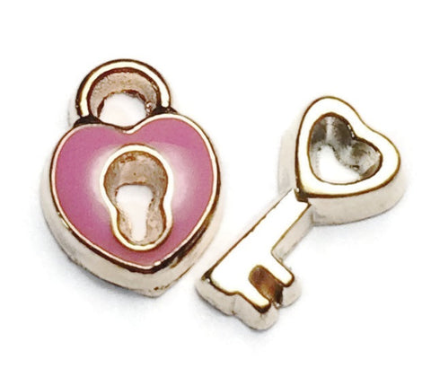 Pink And Gold Padlock And Key Floating Charm Set