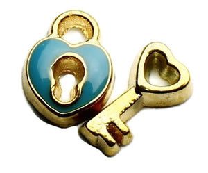 Blue And Gold Padlock And Key Floating Charm Set