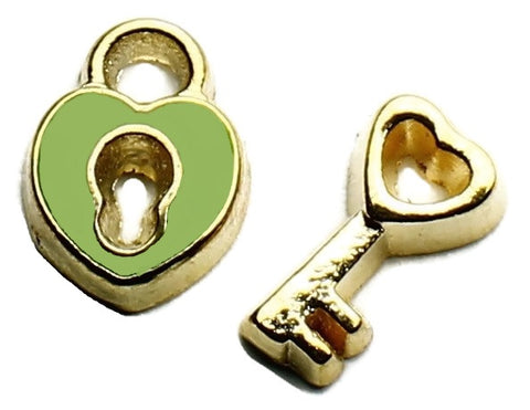 Green And Gold Padlock And Key Floating Charm Set