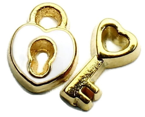 White And Gold Padlock And Key Floating Charm Set