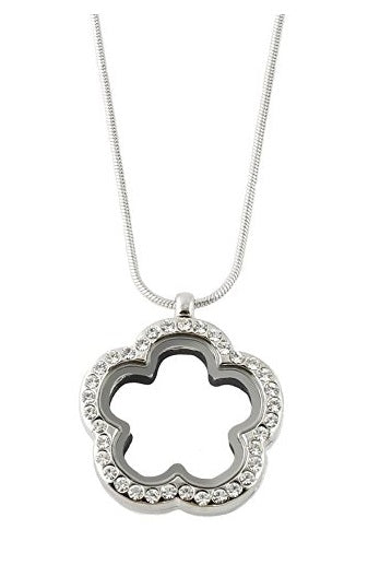 Flower Shape Floating Charm Locket Necklace In Silver With Crystals