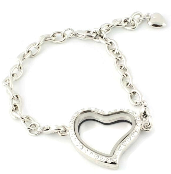 CZ Heart Floating Charm Locket Bracelet With Security Clasp