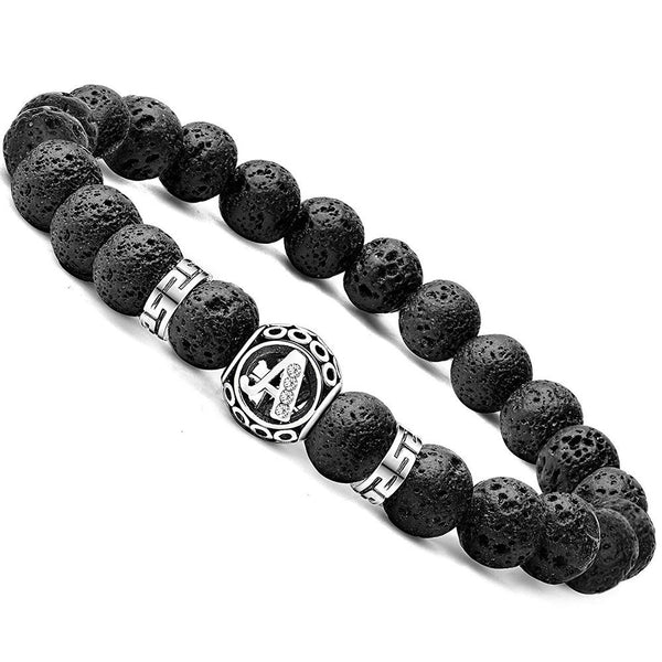 Personalized initial A black lava bead essential oil diffuser bracelet with crystal accent