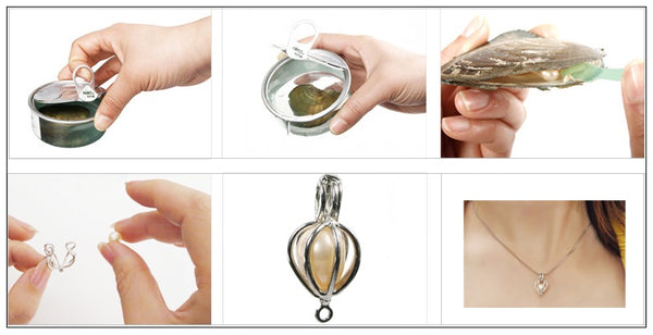 6 images in a chart shows opening the love pearl can, the opened mollusk with pearl, cage necklace and woman wearing the cage necklace with pearl inside.