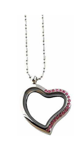 Pink Crystal Heart Floating Charm Locket Necklace